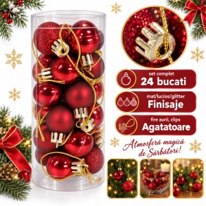 Set de 24 globuri de brad, bordo, din plastic, modele diverse, 20 × 7,5 cm - Img 2