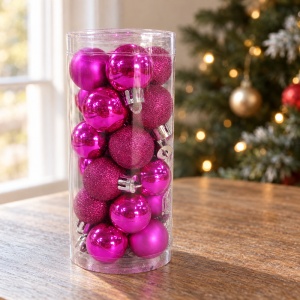 Set de 24 globuri de brad roz-fucsia, modele diverse, din plastic 21 × 9 cm - Img 4