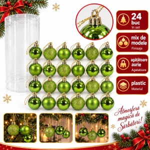 Set de 24 globuri de brad, verzi, din plastic, modele diverse, 20 × 7,5 cm
