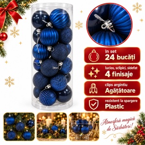 Set de 24 globuri de Craciun, albastre, modele asortate in set, din plastic, 50 × 16 cm - Img 2