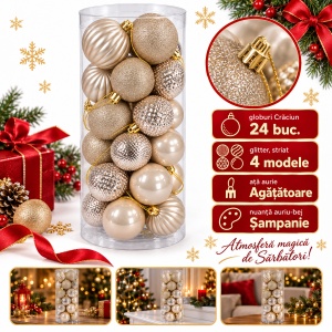Set de 24 globuri pentru brad, Champagne, din plastic, modele diverse in set