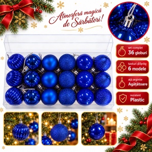Set de 36 globulete de brad, albastre, din plastic, modele asortate in set, 30 x 15 cm - Img 2