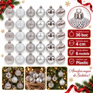 Set de 36 globulete de Craciun, argintii, diverse modele in set, din plastic, 30 x 15 cm