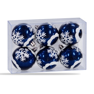 Set de 6 globuri de Crăciun, albastru închis, model cu fulgi albi cu sclipici, diametru 6 cm - Img 3