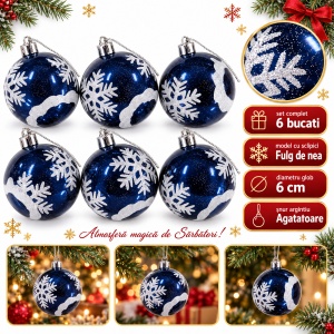 Set de 6 globuri de Crăciun, albastru închis, model cu fulgi albi cu sclipici, diametru 6 cm