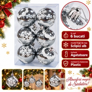 Set de 6 globuri de Crăciun argintii, din plastic, model cu fulgi albi cu sclipici, 21×15 cm - Img 2