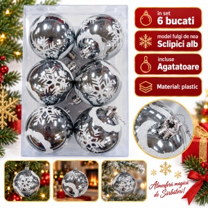 Set de 6 globuri de Crăciun argintii, din plastic, model cu fulgi albi cu sclipici, 21×15 cm - Img 5