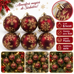 Set de 6 globuri de Crăciun, bordo cu fulgi aurii, din plastic, 7 cm