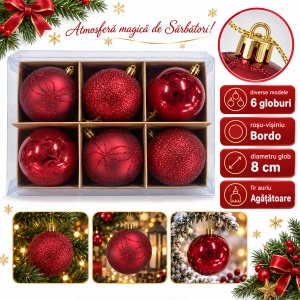 Set de 6 globuri de Crăciun bordo, diverse modele cu sclipici in set, din plastic, 8 cm