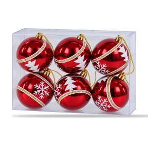 Set de 6 globuri roșii din plastic, model brăduți și fulgi albi cu sclipici, 22 x 15 cm - Img 2