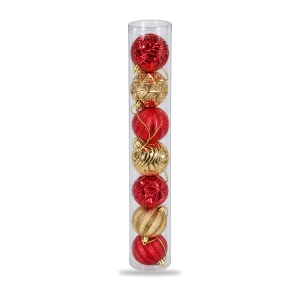Set de 7 globuri de Crăciun, din plastic, roșu-auriu, modele diverse, 7cm - Img 5