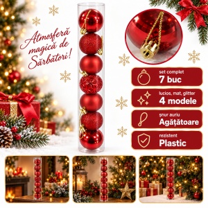 Set de 7 globuri de Crăciun roșii, modele variate,din plastic, cu agățătoare aurie - Img 2