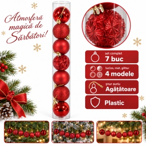 Set de 7 globuri de Crăciun roșii, modele variate,din plastic, cu agățătoare aurie