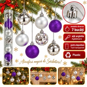 Set de 7 globuri pentru brad, din plastic, argintiu și mov, modele diverse in set, 48×6 cm - Img 5