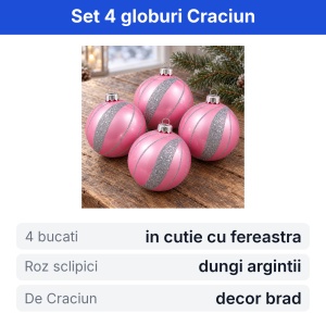 Set globuri de Craciun, 4 buc, roz cu sclipici argintiu, 16x16x7cm - Img 2