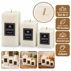 Set lumânări parfumate din ceară, 3 mărimi, fitil din bumbac, albe, 21 × 16 cm