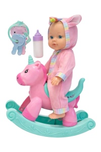 Set păpușă bebeluș cu balansoar unicorn, biberon și jucărie, plastic, 29 cm, Cute Baby