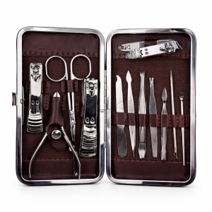 Set profesional manichiură și pedichiură, 12 piese, în husă elegantă cu model carouri
