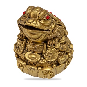 Statuetă broască Feng Shui cu bănuți, rășină, aurie, aprox. 8 × 7,5 cm - Img 2