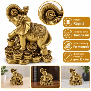Statuetă elefant feng shui din rășină, auriu, cu trompa ridicată, pe monede, aprox. 10 × 8 cm