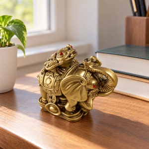 Statuetă Feng Shui elefant cu broască, monede și lingouri, rășină aurie, aprox. 11 × 9,5 × 7 cm - Img 3