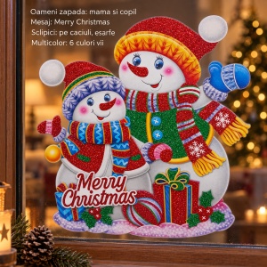 Sticker decorativ Craciun cu oameni de zapada, pentru geam, cu sclipici, 48x42cm - Img 3