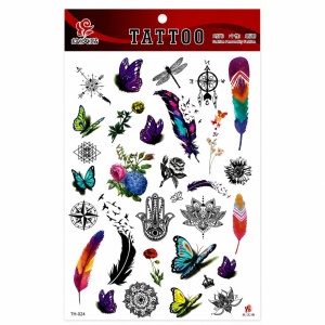 Tatuaj Temporar Semipermanent Set Fluturi, Pene și Mandale – 20 cm, Rezistent la Apă, Efect Realist