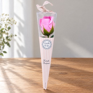 Trandafir roz artificial, in cutie cadou transparentă cu funda, 25cm - Img 4