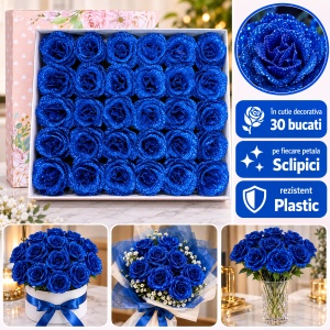 Trandafiri artificiali cu sclipici, set 30 bucăți, albastru-închis, plastic, 8cm
