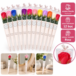 Trandafiri artificiali parfumați, set 12 bucăți, mix culori, ambalați individual, 25 cm