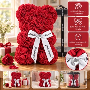 Ursuleț din trandafiri artificiali bordo, cu fundă albă „Just for you”