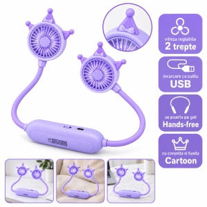 Ventilator de gât portabil cu 2 trepte de viteză, model cartoon cu coroniță, mov