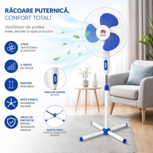 Ventilator de Podea Alb cu Albastru, Înălțime Reglabilă, 3 Viteze, Oscilație, Silențios și Economic - Img 2