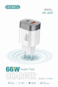 Adaptor priză Hongyu HY-JC07 / HY-EM01, 66W, USB-A + USB-C, Alb - Img 2