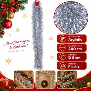 Beteala de Craciun pentru brad, argintie, din PVC, diametru 9 cm, lungime 2 m