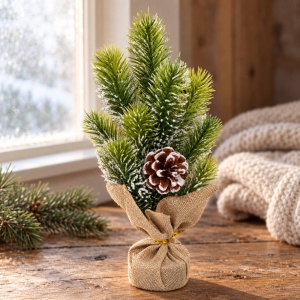 Brad decorativ artificial de Craciun cu con, bază din iută, 38 cm - Img 3