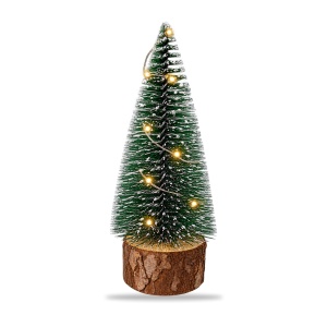 Brăduț decorativ cu LED, bază din lemn natural, verde cu vârfuri albe, 15x6cm