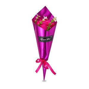 Buchet decorativ cu trandafir fucsia din sapun, cu funda satinata, 35 cm - Img 2