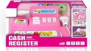 Casă de marcat electronică pentru copii, din plastic roz, cu sunete și scanner, 21x13x13 cm