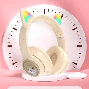 Casti wireless Bluetooth cu urechi de pisica LED, pliabile, pentru copii si adulti, crem - Img 7
