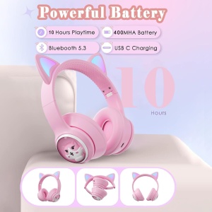 Casti wireless Bluetooth cu urechi de pisica LED, pliabile, pentru copii si adulti, roz - Img 2