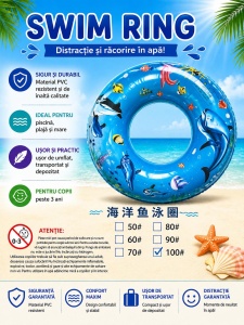 Colac gonflabil copii cu delfini, 100 cm, albastru, pentru piscina si mare - Img 2
