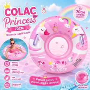 Colac Gonflabil Princess pentru Copii 70 cm cu Mânere – Roz, Model Unicorn și Curcubeu - Img 2