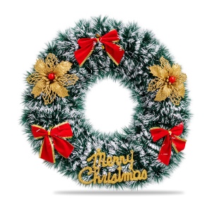 Coroniță Crăciun, verde cu alb, Merry Christmas, fundițe și flori aurii, 38 cm, plastic - Img 2
