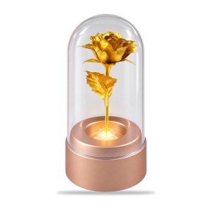Cupola de sticla cu trandafir decorativ auriu, cu lumină și rotație, 15 x 7,5 cm - Img 2
