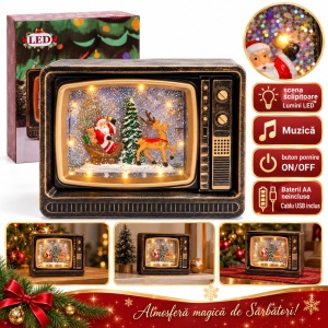 Decorațiune de Crăciun, model televizor retro cu lumini LED și muzică, 19,5 cm