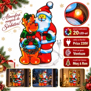 Decorațiune luminoasă de Crăciun cu Moș Crăciun și ren, 20 becuri multicolore, priză, 50×27 cm - Img 4