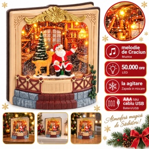 Decorațiune luminoasă și muzicală de Crăciun, model tip carte cu Moș Crăciun și ren, 19,5 × 18,5 cm