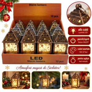 Felinar decorativ de Crăciun cu LED, set de 12 bucăți, plastic, culori asortate, 15,5x5,5 cm
