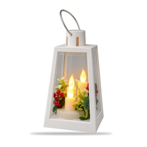 Felinar decorativ de Crăciun cu lumânări LED și decor floral, plastic alb, 24x9 cm - Img 2